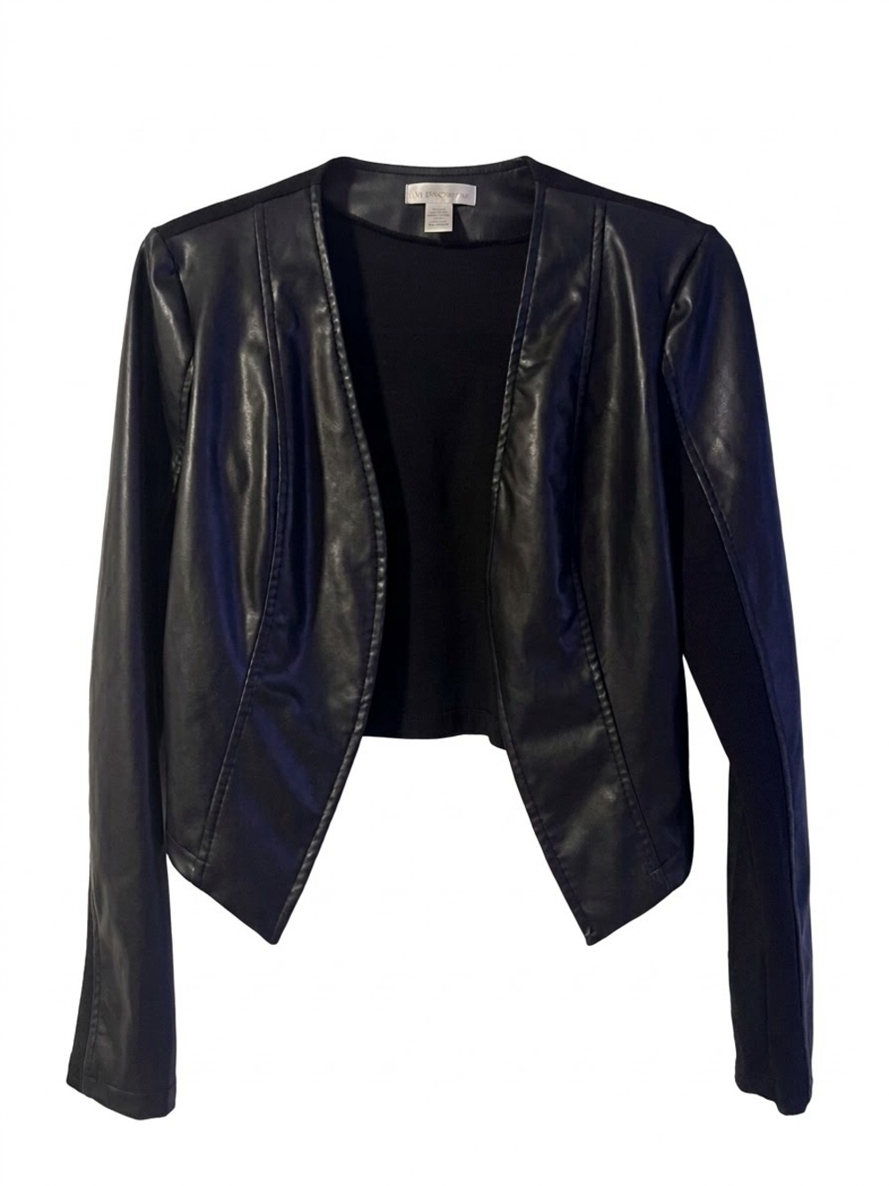 Vince Camuto Black Faux Leather Open-Front Cropped Jacket